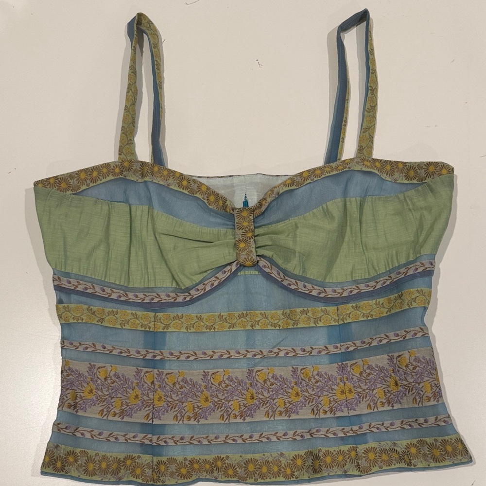 James Coviello Floral Striped Blue & Green thin Strap Women's bustier Top size 8